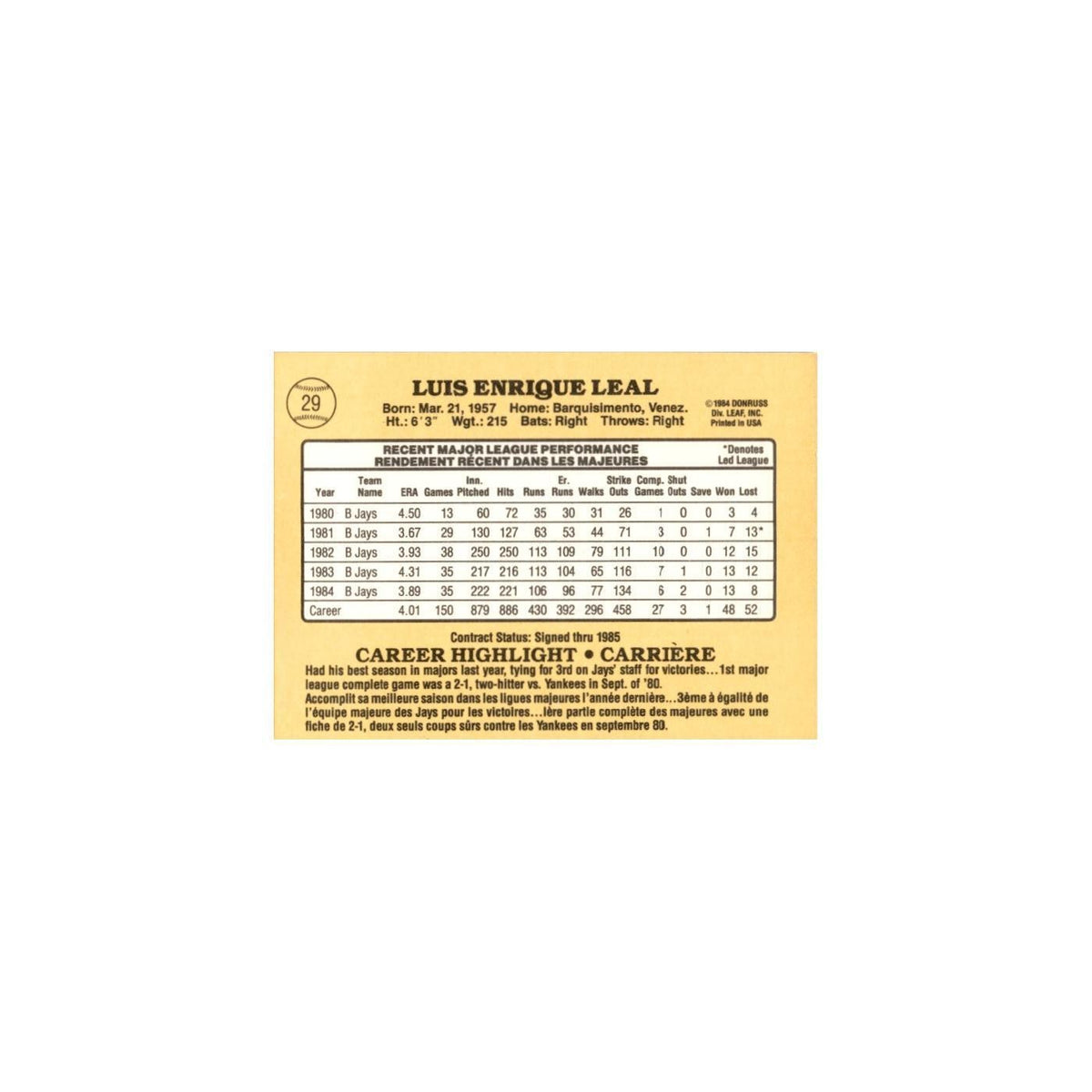 Luis Leal 1985 Leaf #29 Toronto Blue Jays Baseball Card NM