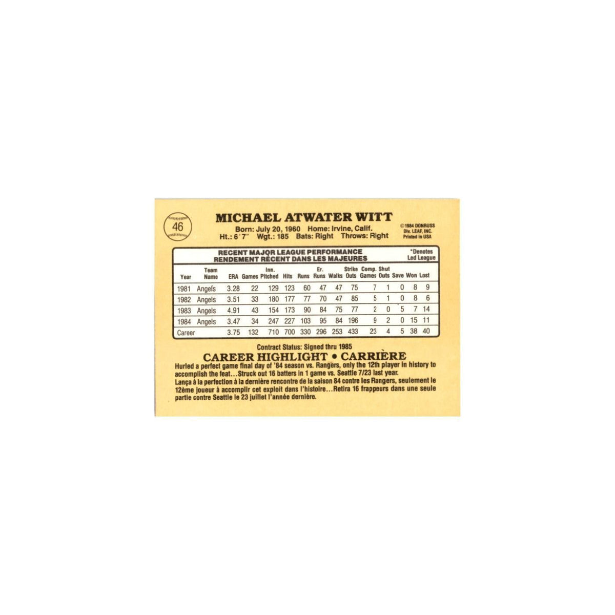Mike Witt 1985 Leaf #46 California Angels Baseball Card NM