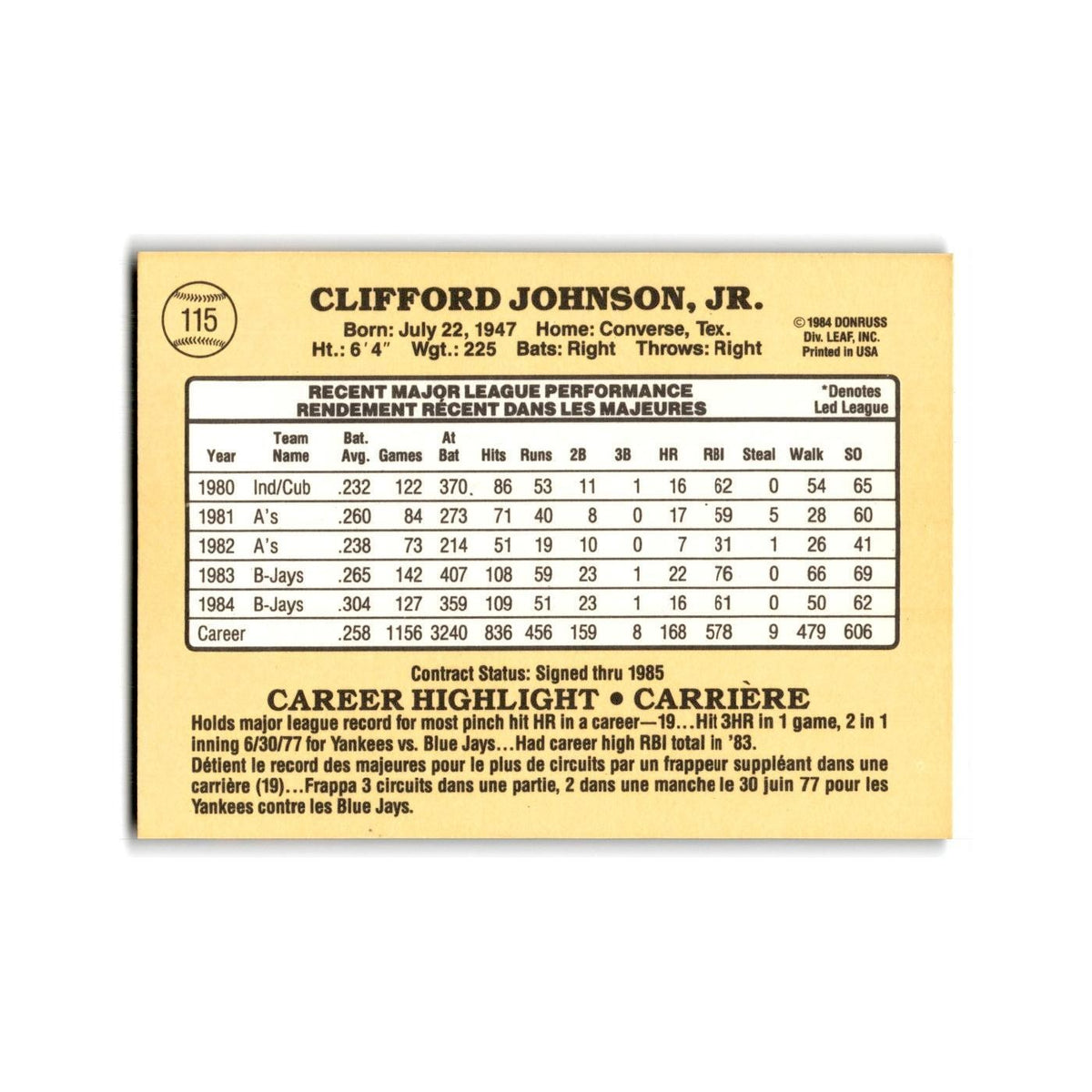 Cliff Johnson 1985 Leaf #115 Toronto Blue Jays Baseball Card NM