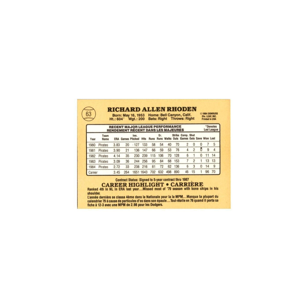 Rick Rhoden 1985 Leaf #63 Pittsburgh Pirates Baseball Card NM