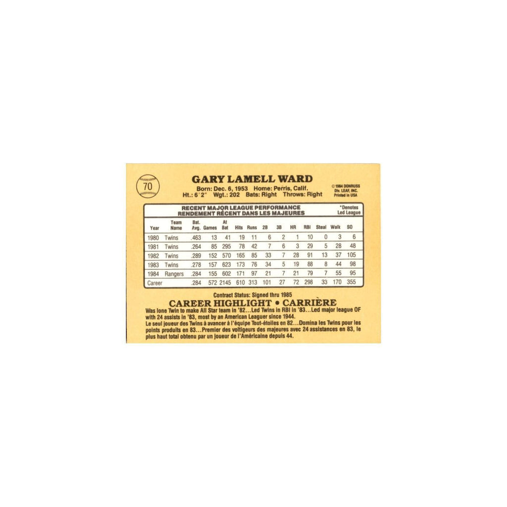 Gary Ward 1985 Leaf #70 Texas Rangers Baseball Card NM
