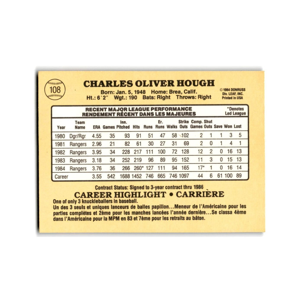 Charlie Hough 1985 Leaf #108 Texas Rangers Baseball Card NM