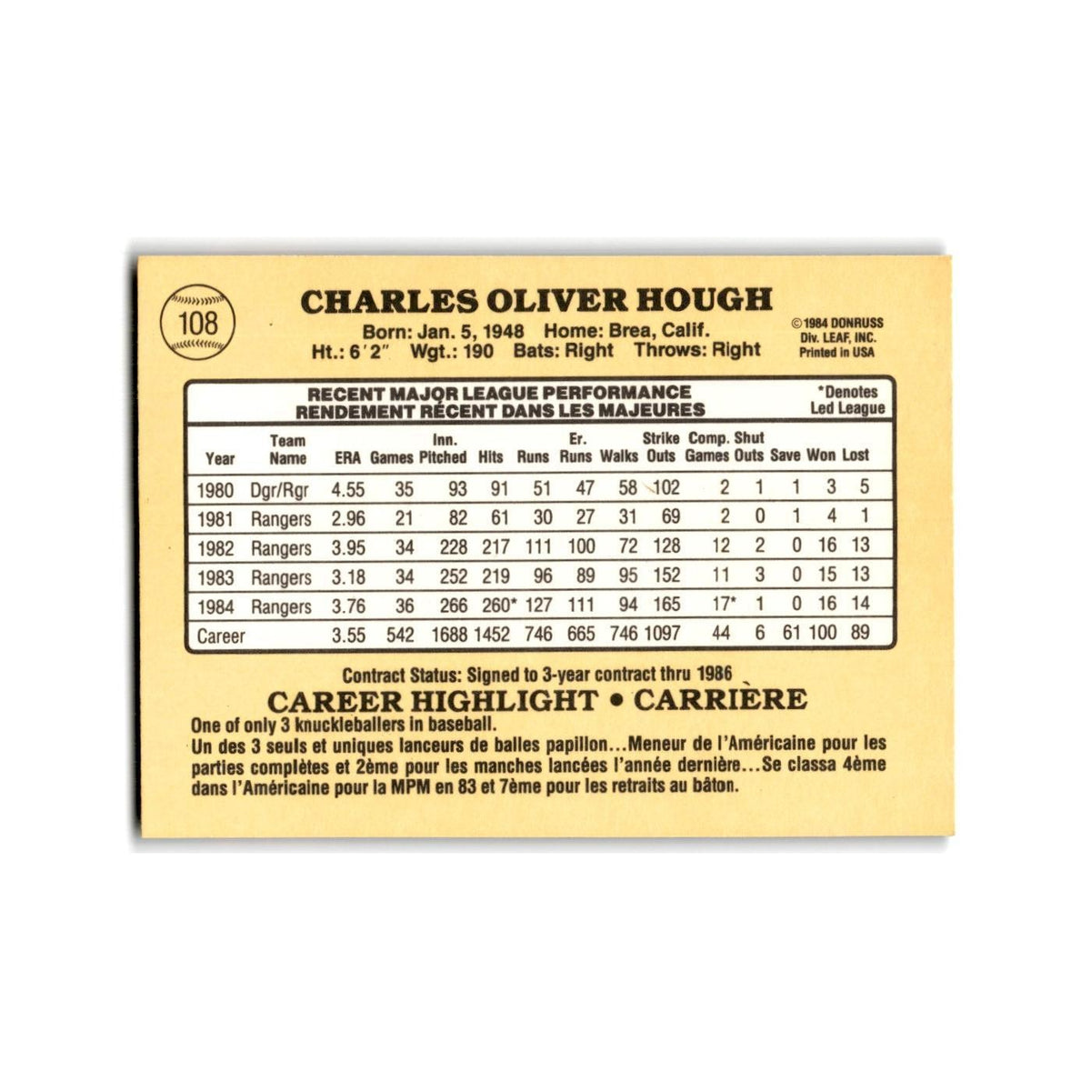 Charlie Hough 1985 Leaf #108 Texas Rangers Baseball Card NM
