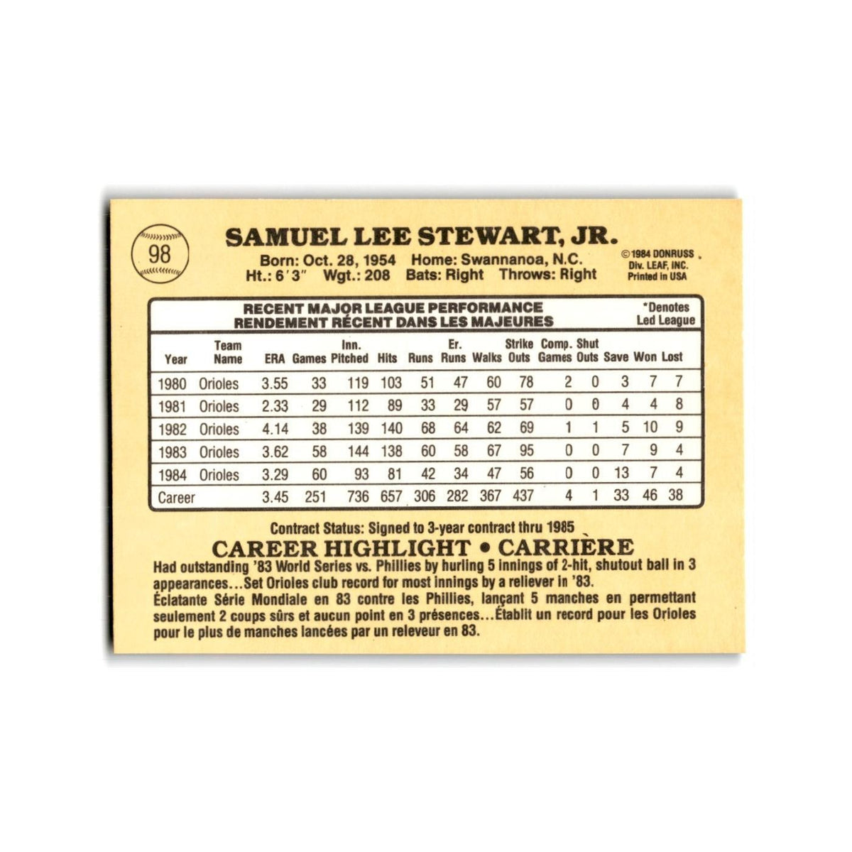 Sammy Stewart 1985 Leaf #98 Baltimore Orioles Baseball Card NM