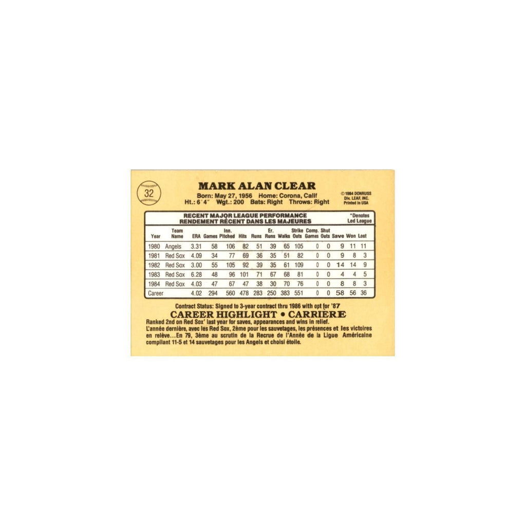 Mark Clear 1985 Leaf #32 Boston Red Sox Baseball Card NM