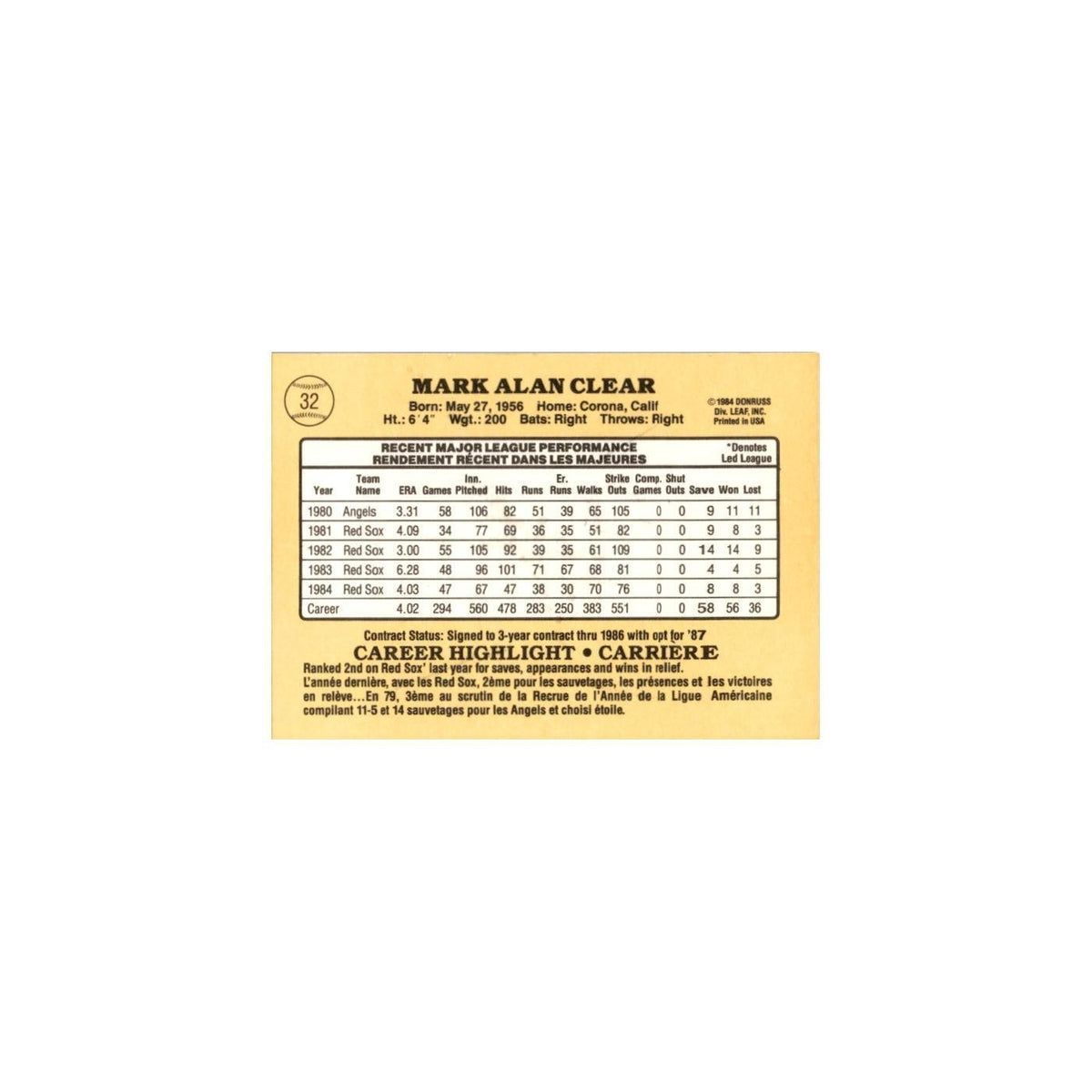 Mark Clear 1985 Leaf #32 Boston Red Sox Baseball Card NM