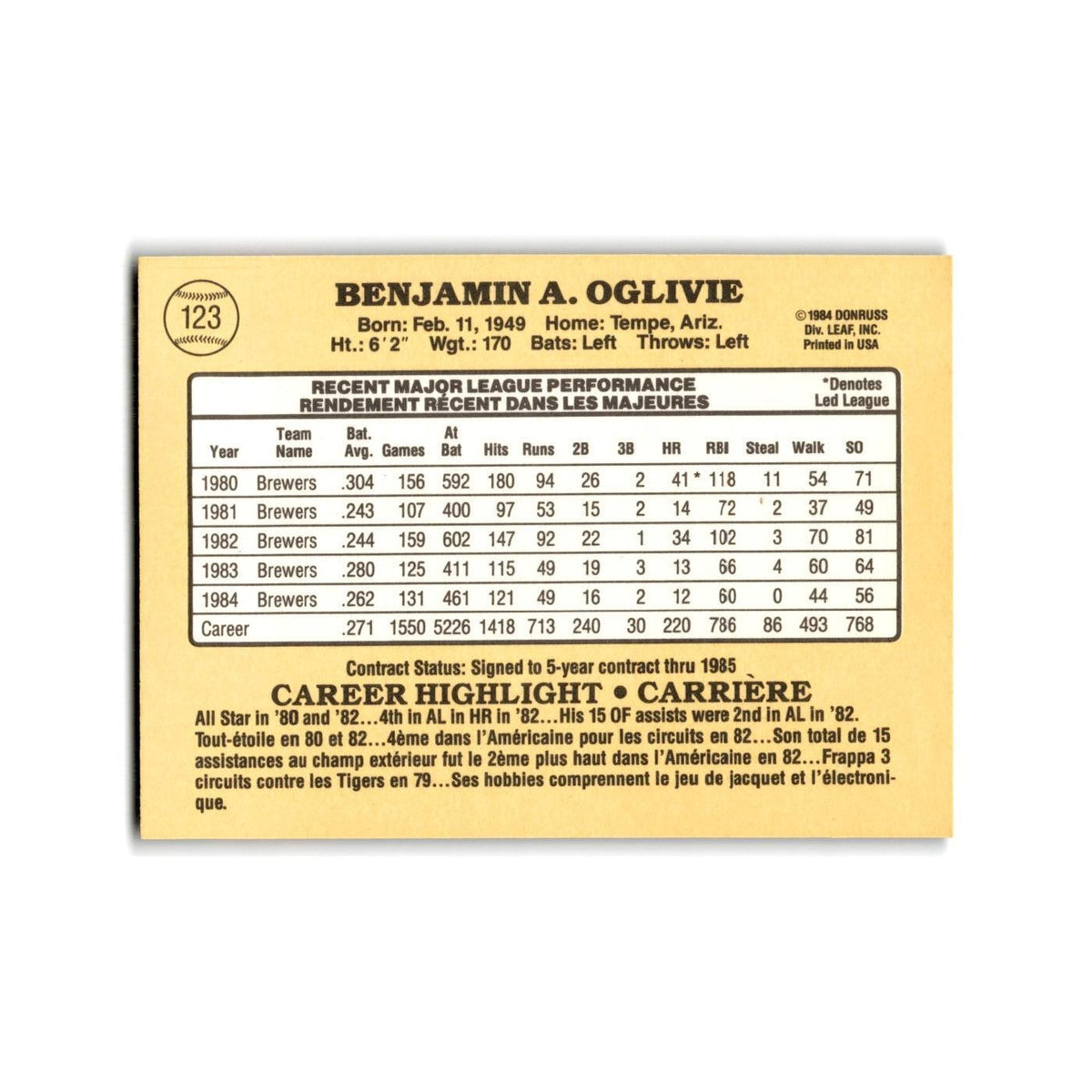 Ben Oglivie 1985 Leaf #123 Milwaukee Brewers Baseball Card NM
