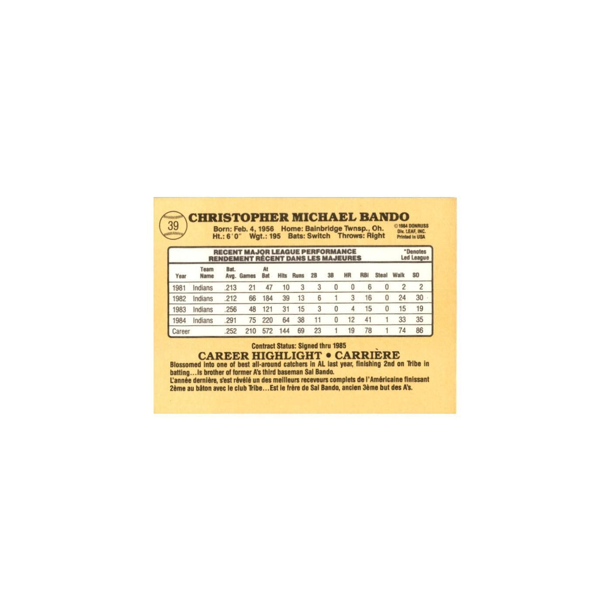 Chris Bando 1985 Leaf #39 Cleveland Indians Baseball Card NM