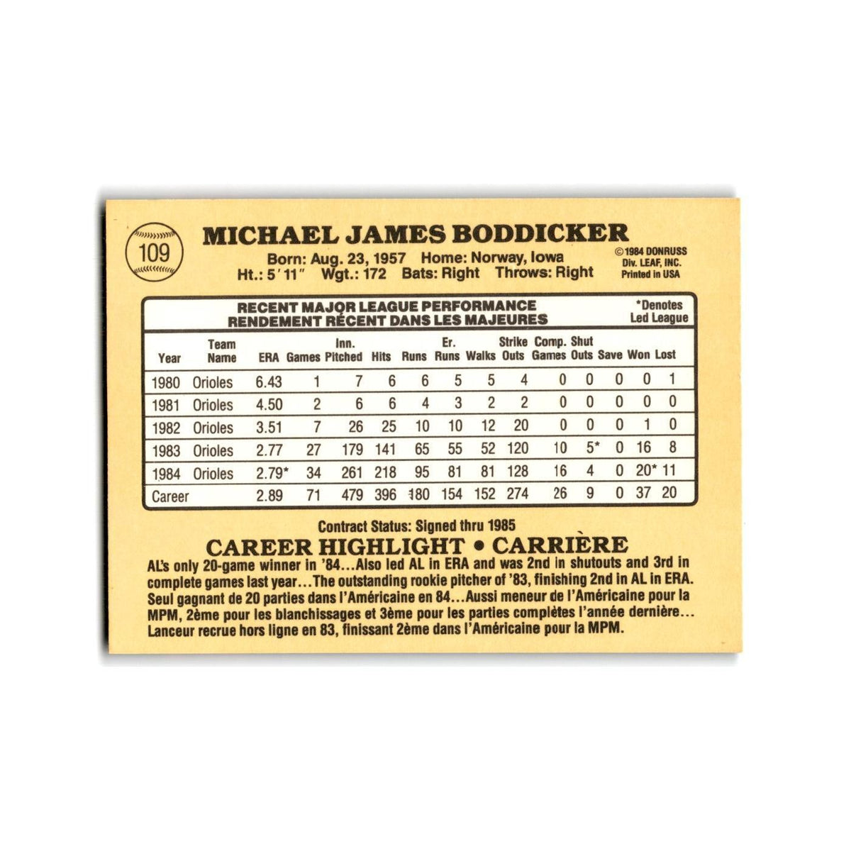 Mike Boddicker 1985 Leaf #109 Baltimore Orioles Baseball Card NM