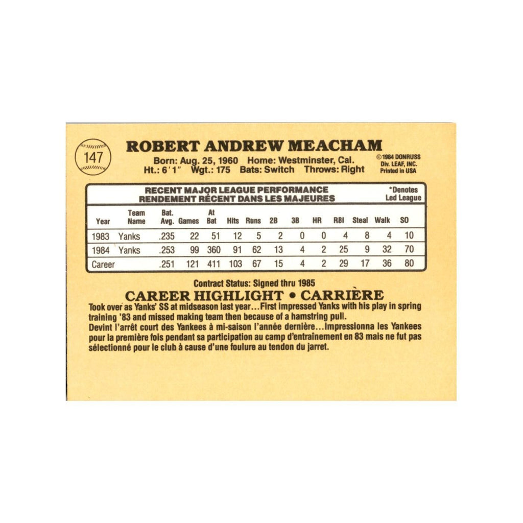 Bobby Meacham 1985 Leaf #147 New York Yankees Baseball Card NM