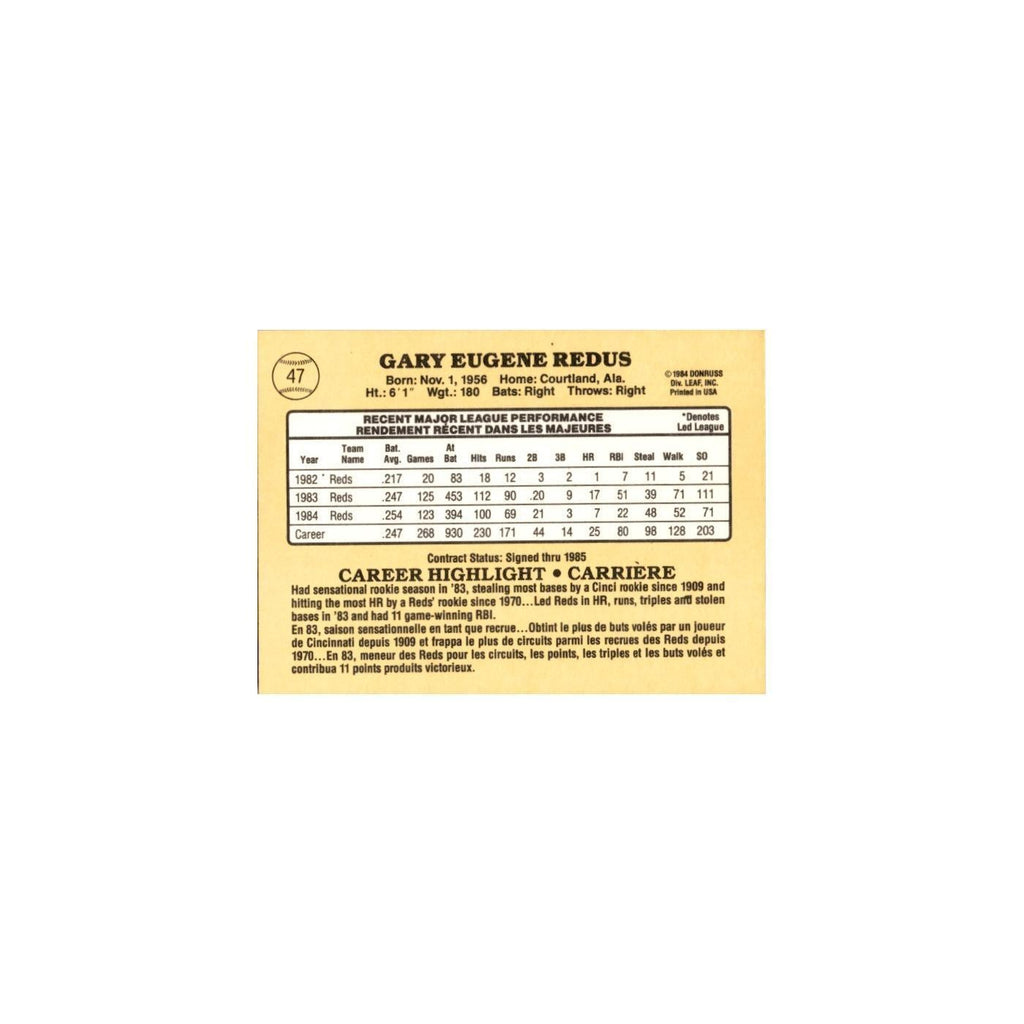 Gary Redus 1985 Leaf #47 Cincinnati Reds Baseball Card NM