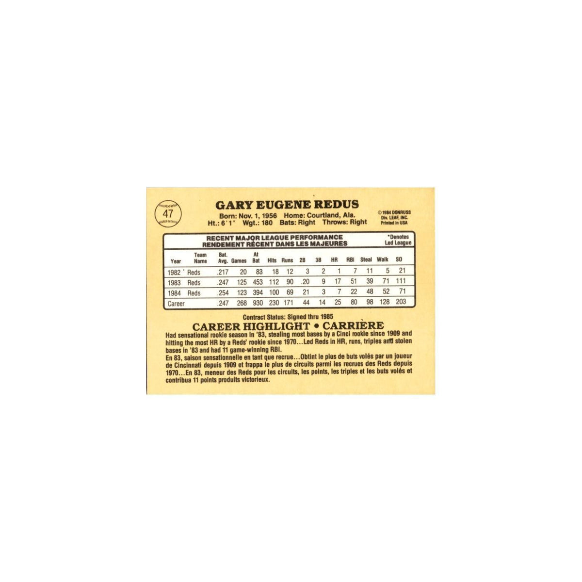 Gary Redus 1985 Leaf #47 Cincinnati Reds Baseball Card NM