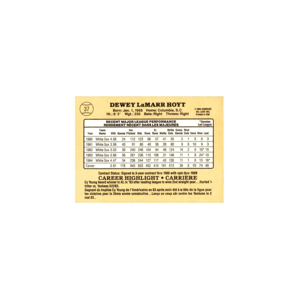LaMarr Hoyt 1985 Leaf #37 Chicago White Sox Baseball Card NM