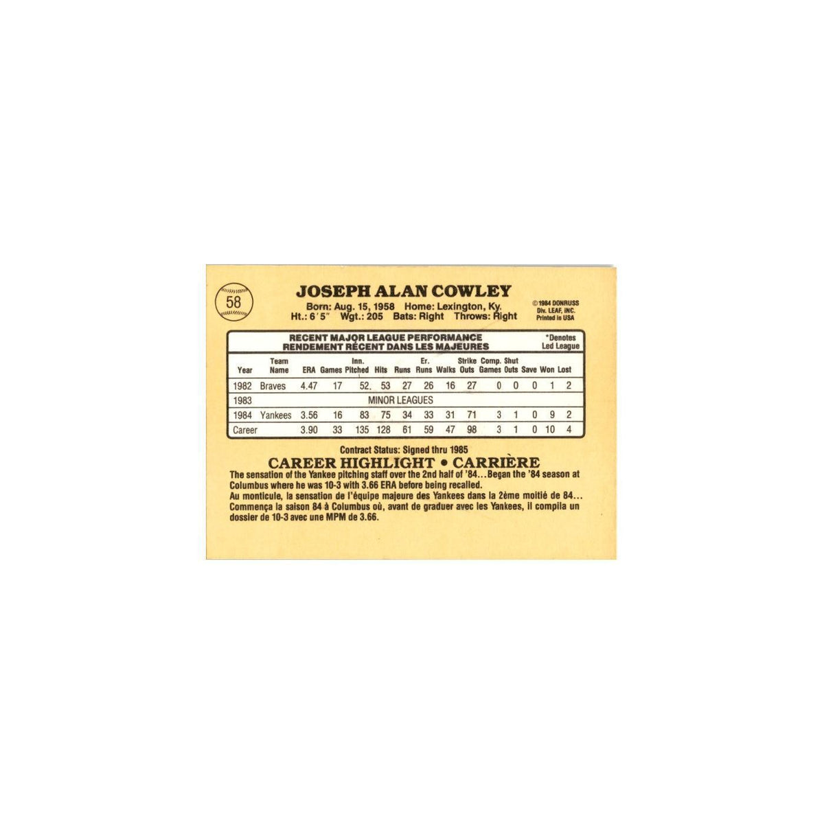 Joe Cowley 1985 Leaf #58 New York Yankees Baseball Card NM