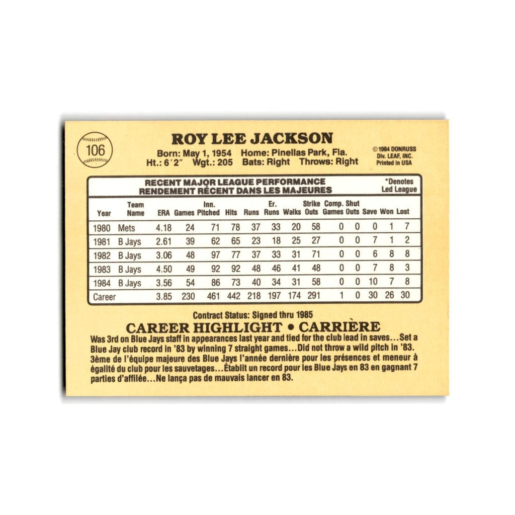 Roy Lee Jackson 1985 Leaf #106 Toronto Blue Jays Baseball Card NM