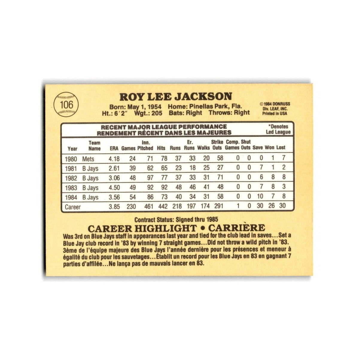 Roy Lee Jackson 1985 Leaf #106 Toronto Blue Jays Baseball Card NM