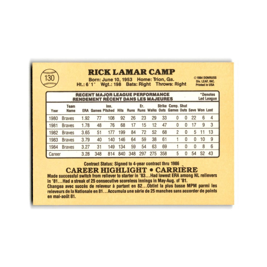 Rick Camp 1985 Leaf #130 Atlanta Braves Baseball Card NM