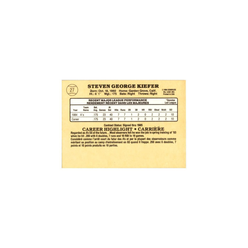 Steve Kiefer Rookie 1985 Leaf #27 Oakland Athletics Baseball Card NM