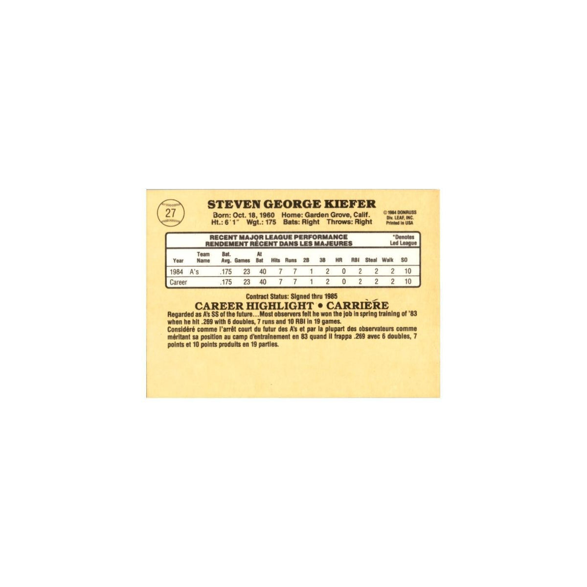 Steve Kiefer Rookie 1985 Leaf #27 Oakland Athletics Baseball Card NM