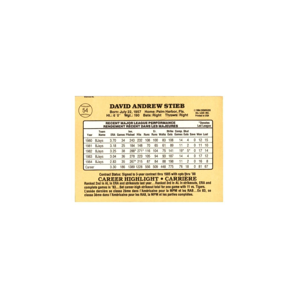 Dave Stieb 1985 Leaf #54 Toronto Blue Jays Baseball Card NM