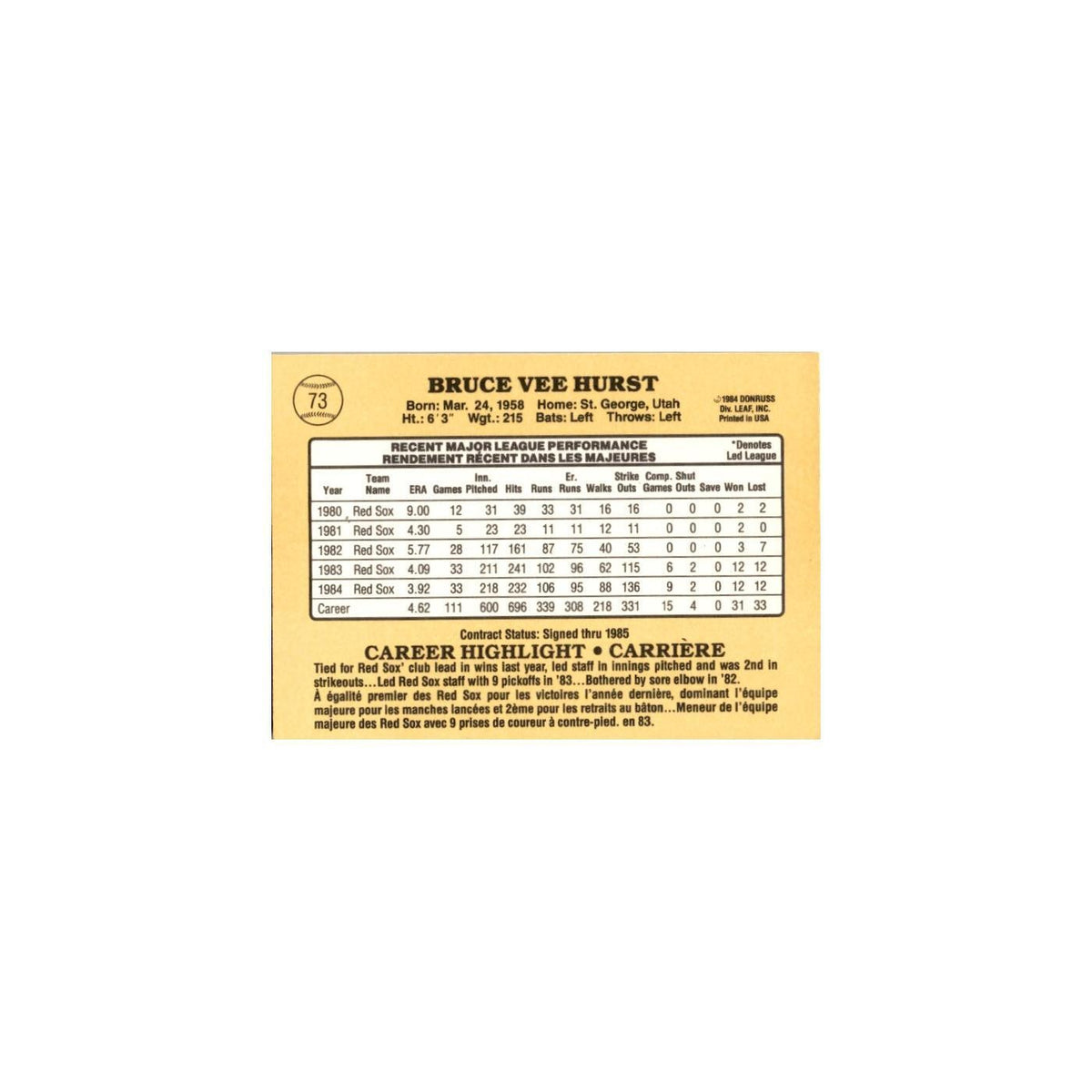 Bruce Hurst 1985 Leaf #73 Boston Red Sox Baseball Card NM