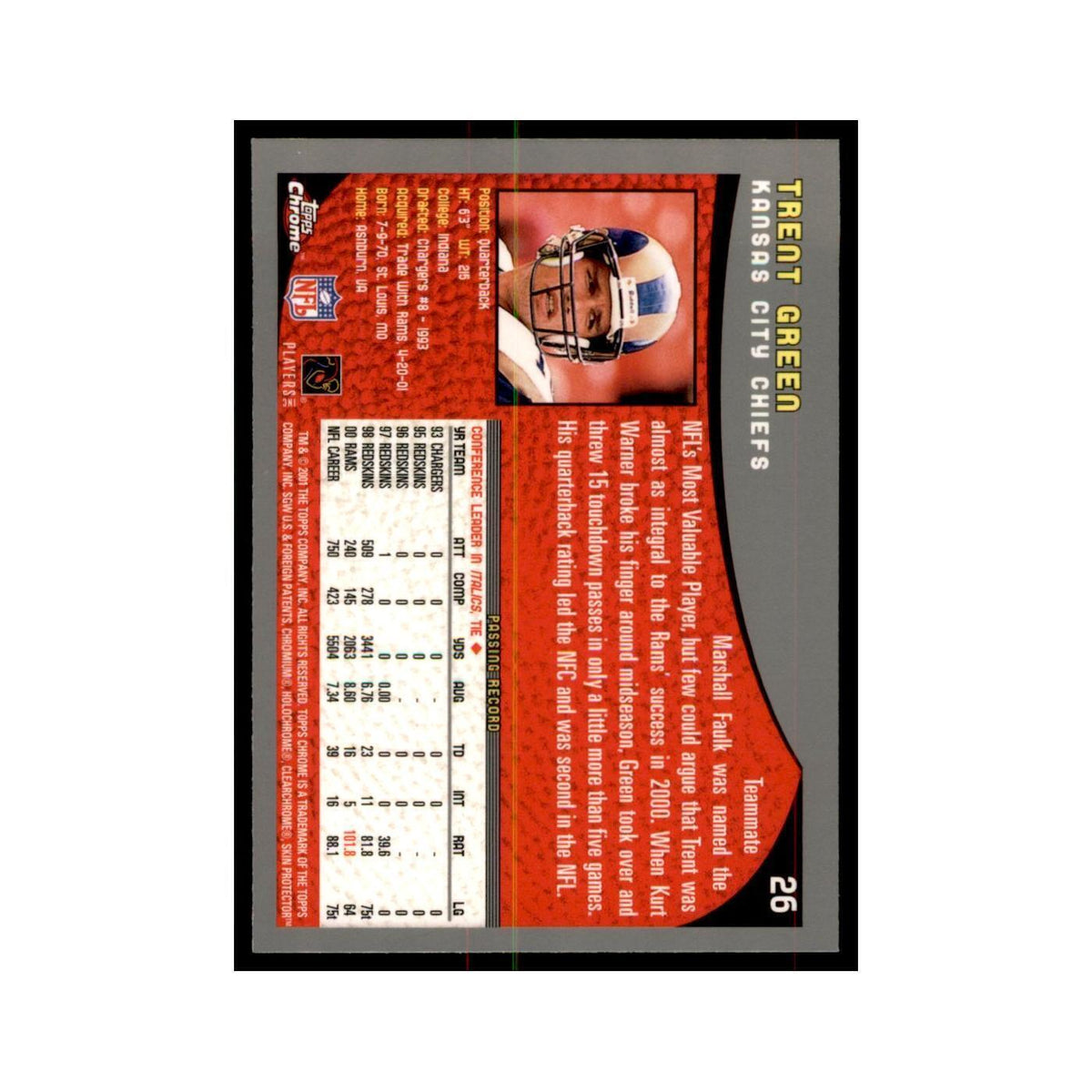 2001 Topps Chrome Trent Green Football Cards #26