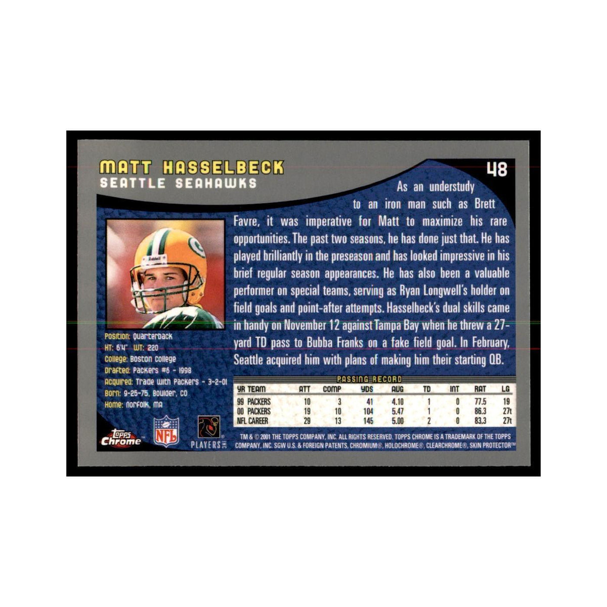 2001 Topps Chrome Matt Hasselbeck Football Cards #48