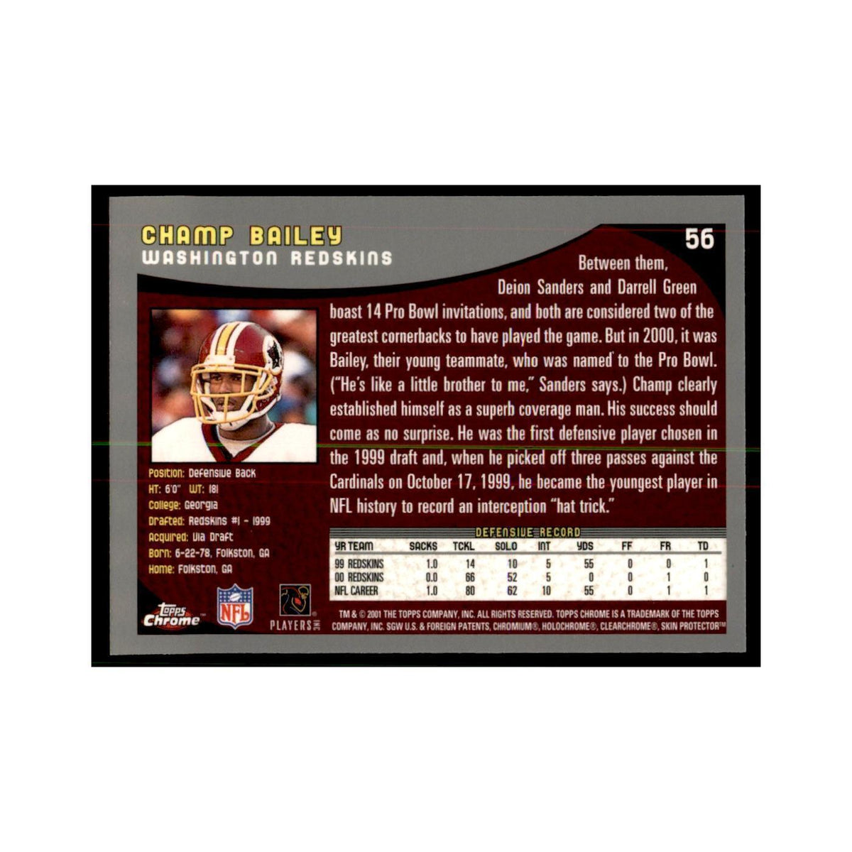 2001 Topps Chrome Champ Bailey Football Cards #56