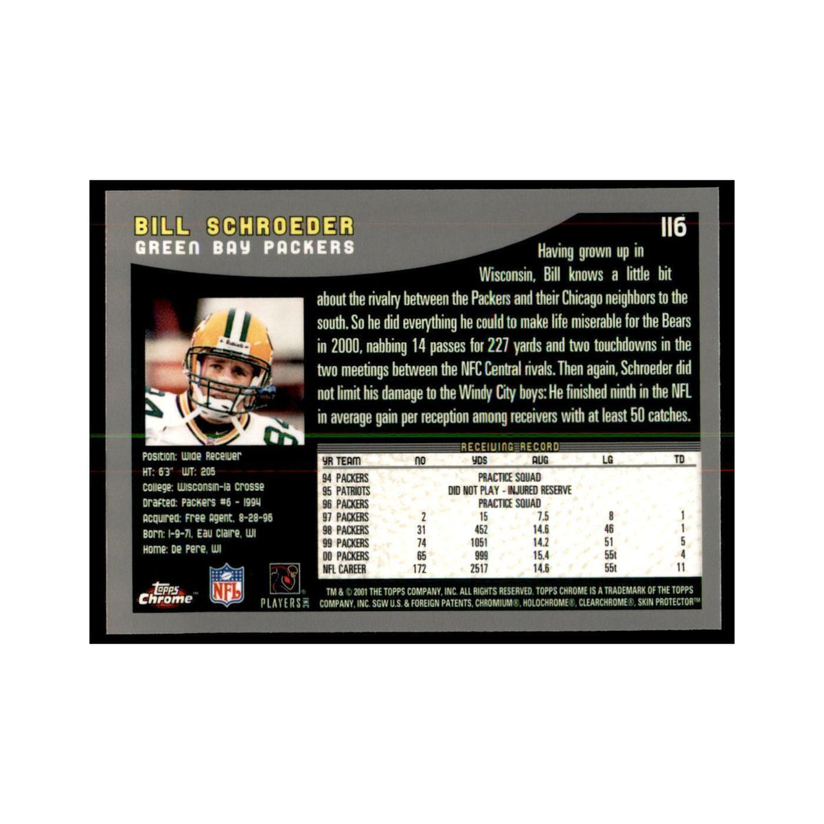 2001 Topps Chrome Bill Schroeder Football Cards #116
