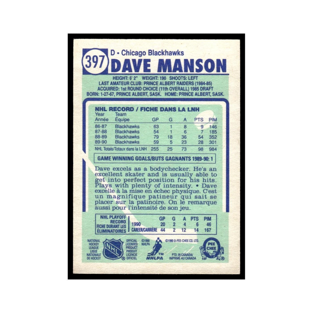 Dave Manson 1990 O-Pee-Chee #397 Chicago Blackhawks Hockey Card EX