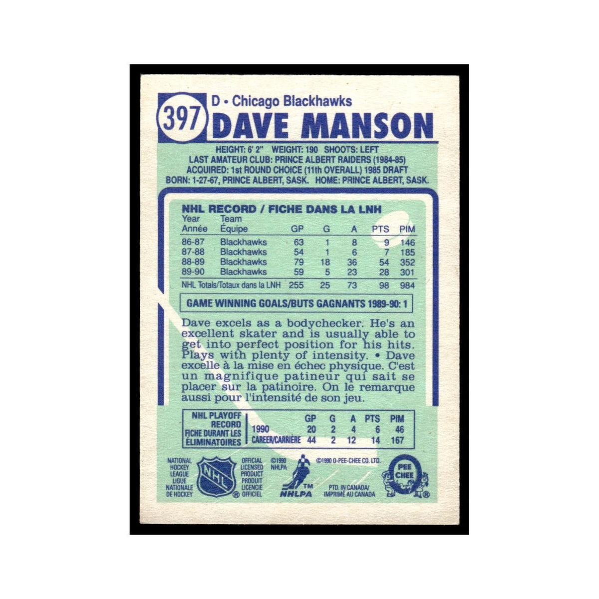 Dave Manson 1990 O-Pee-Chee #397 Chicago Blackhawks Hockey Card EX