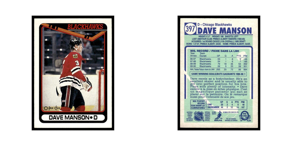 Dave Manson 1990 O-Pee-Chee #397 Chicago Blackhawks Hockey Card EX