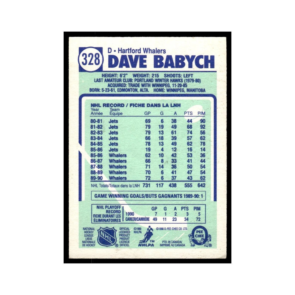 Dave Babych 1990 O-Pee-Chee #328 Hartford Whalers Hockey Card EX