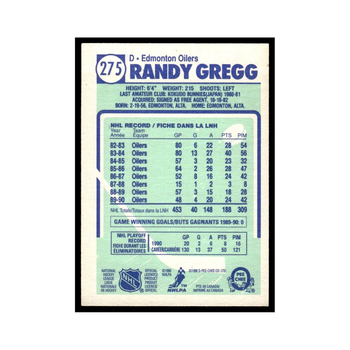 Randy Gregg 1990 O-Pee-Chee #275 Edmonton Oilers Hockey Card EX
