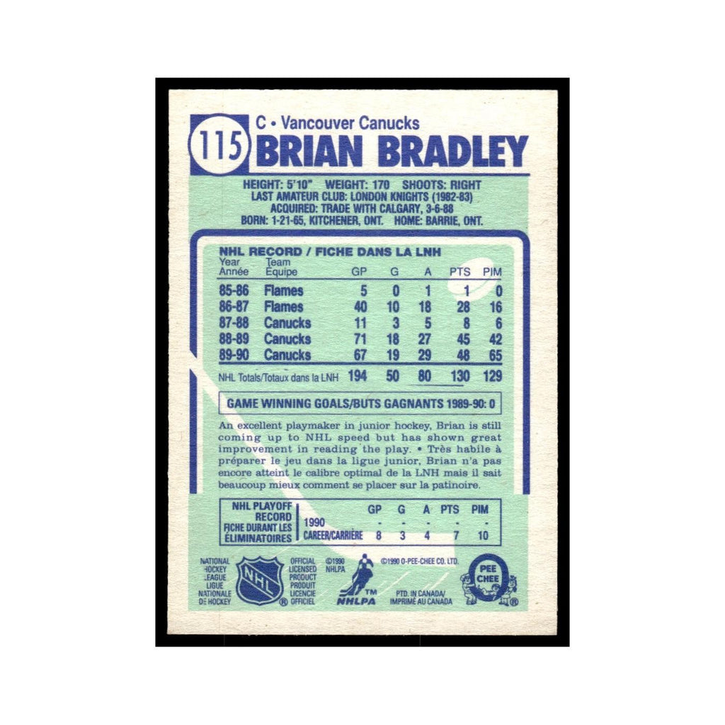 Brian Bradley 1990 O-Pee-Chee #115 Vancouver Canucks Hockey Card EX