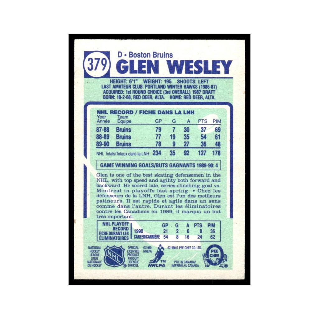 Glen Wesley 1990 O-Pee-Chee #379 Boston Bruins Hockey Card EX