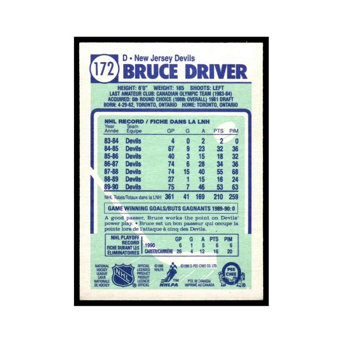Bruce Driver 1990 O-Pee-Chee #172 New Jersey Devils Hockey Card EX