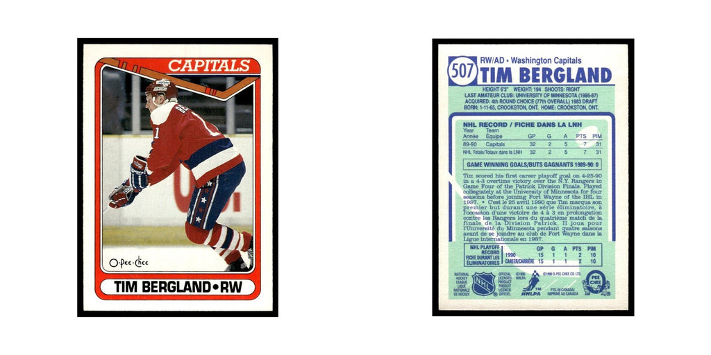 Tim Bergland Rookie 1990 O-Pee-Chee #507 Washington Capitals Hockey Card EX
