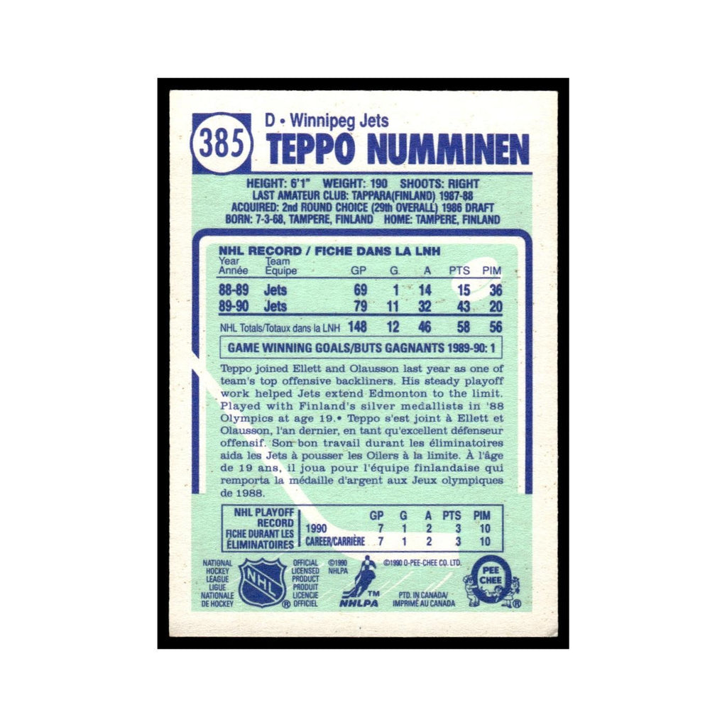 Teppo Numminen Rookie 1990 O-Pee-Chee #385 Winnipeg Jets Hockey Card EX