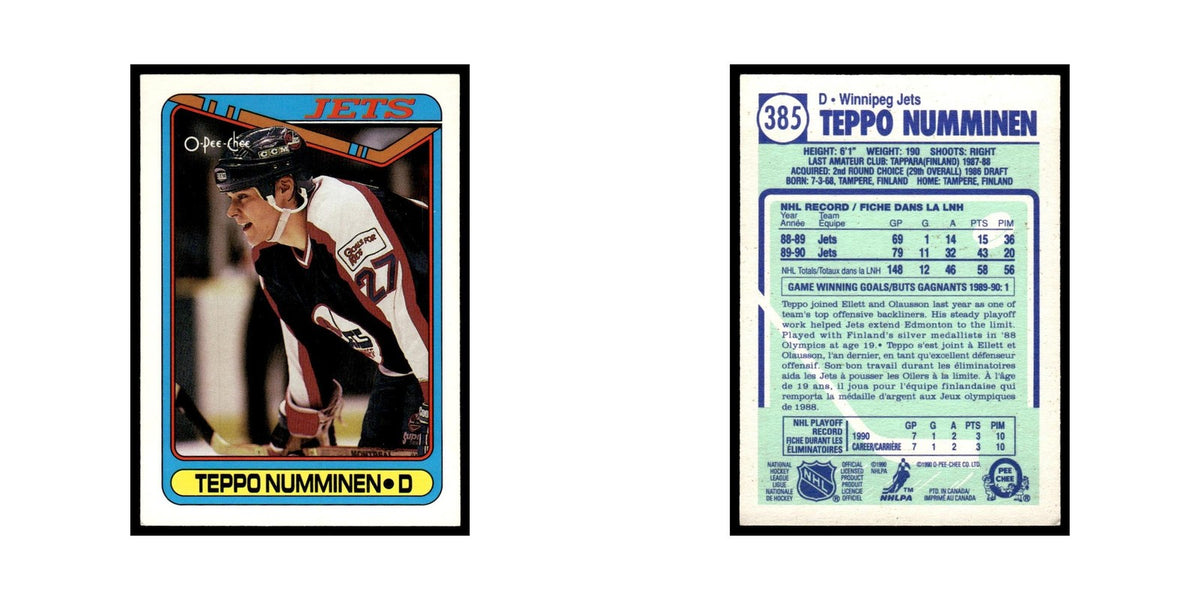 Teppo Numminen Rookie 1990 O-Pee-Chee #385 Winnipeg Jets Hockey Card EX