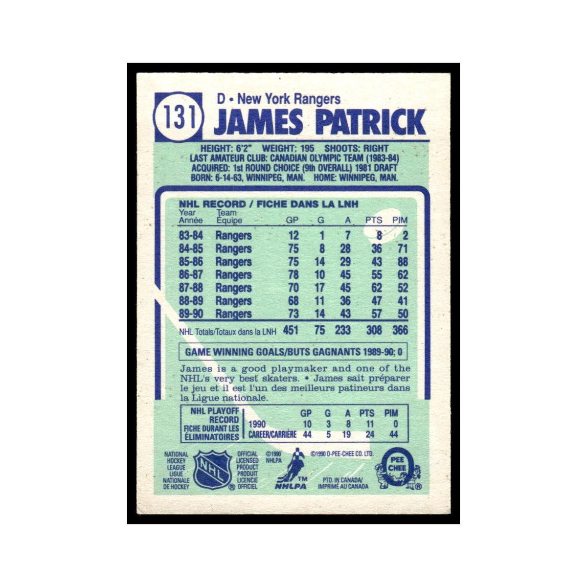James Patrick 1990 O-Pee-Chee #131 New York Rangers Hockey Card EX