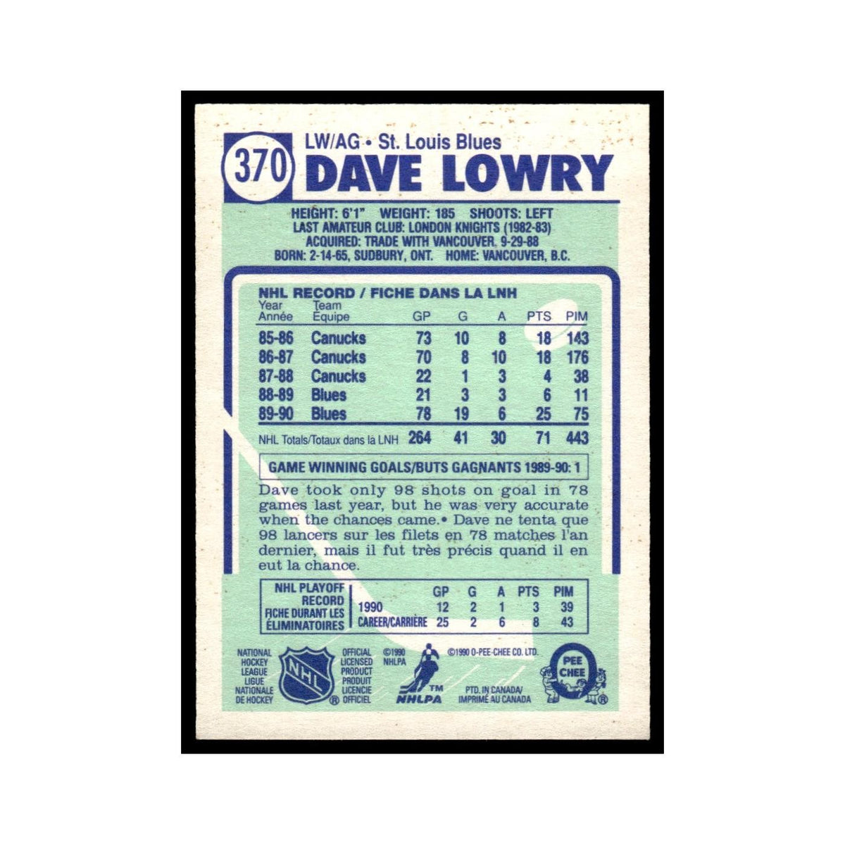 Dave Lowry Rookie 1990 O-Pee-Chee #370 St. Louis Blues Hockey Card EX