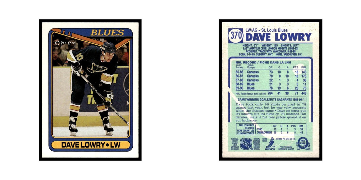 Dave Lowry Rookie 1990 O-Pee-Chee #370 St. Louis Blues Hockey Card EX
