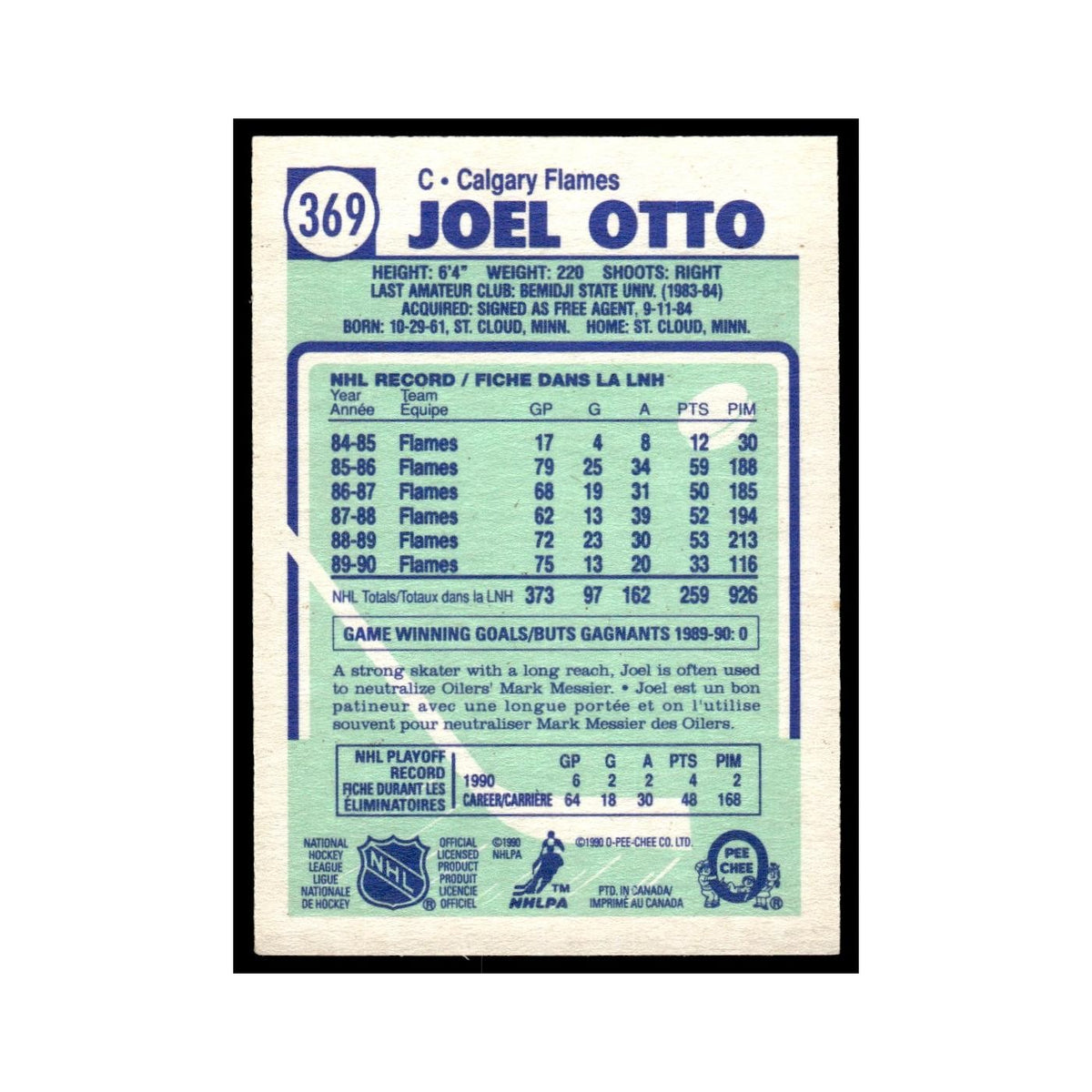 Joel Otto 1990 O-Pee-Chee #369 Calgary Flames Hockey Card EX