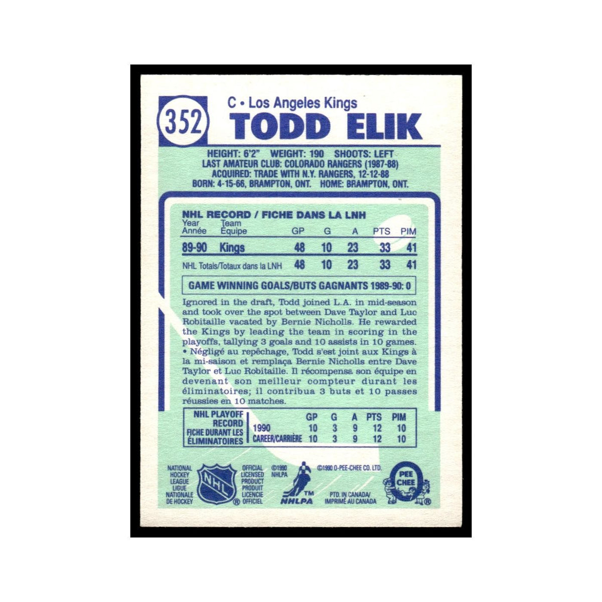 Todd Elik Rookie 1990 O-Pee-Chee #352 Los Angeles Kings Hockey Card EX