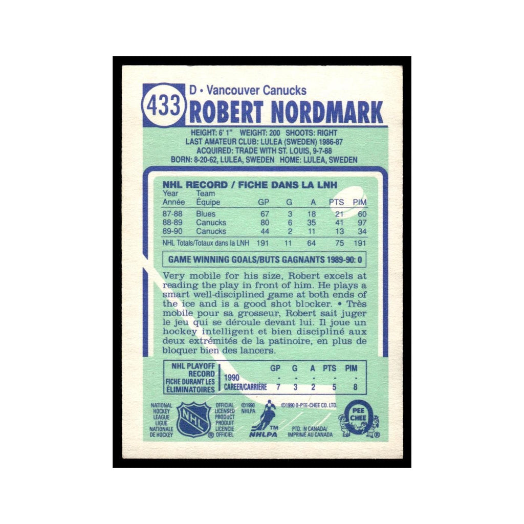 Robert Nordmark Rookie 1990 O-Pee-Chee #433 Vancouver Canucks Hockey Card EX