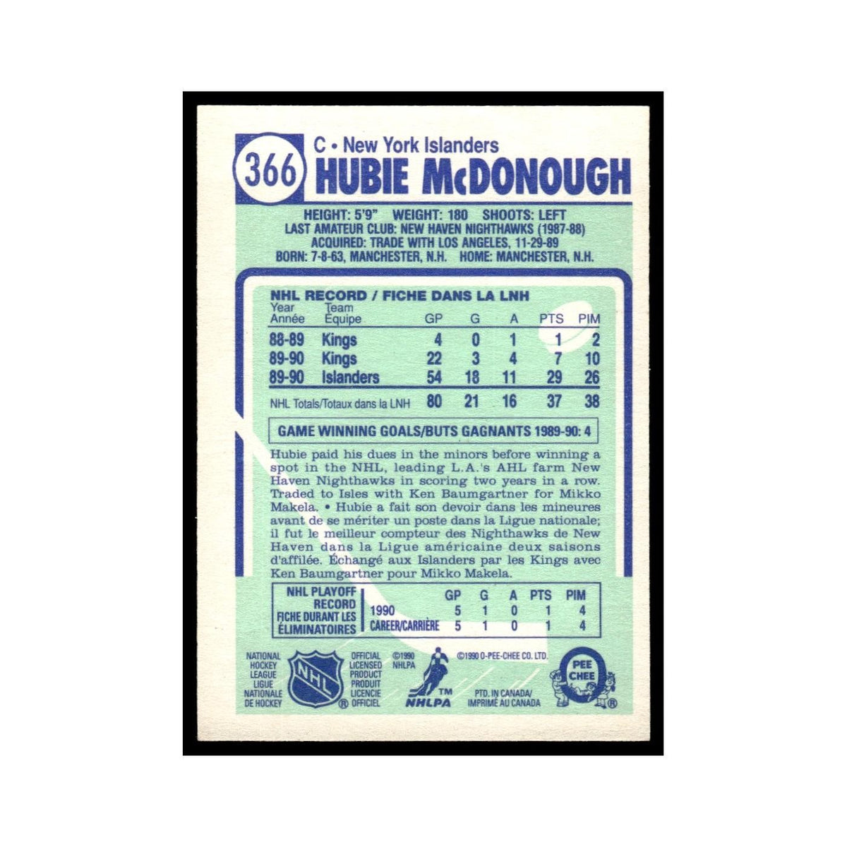 Hubie McDonough Rookie 1990 O-Pee-Chee #366 New York Islanders Hockey Card EX
