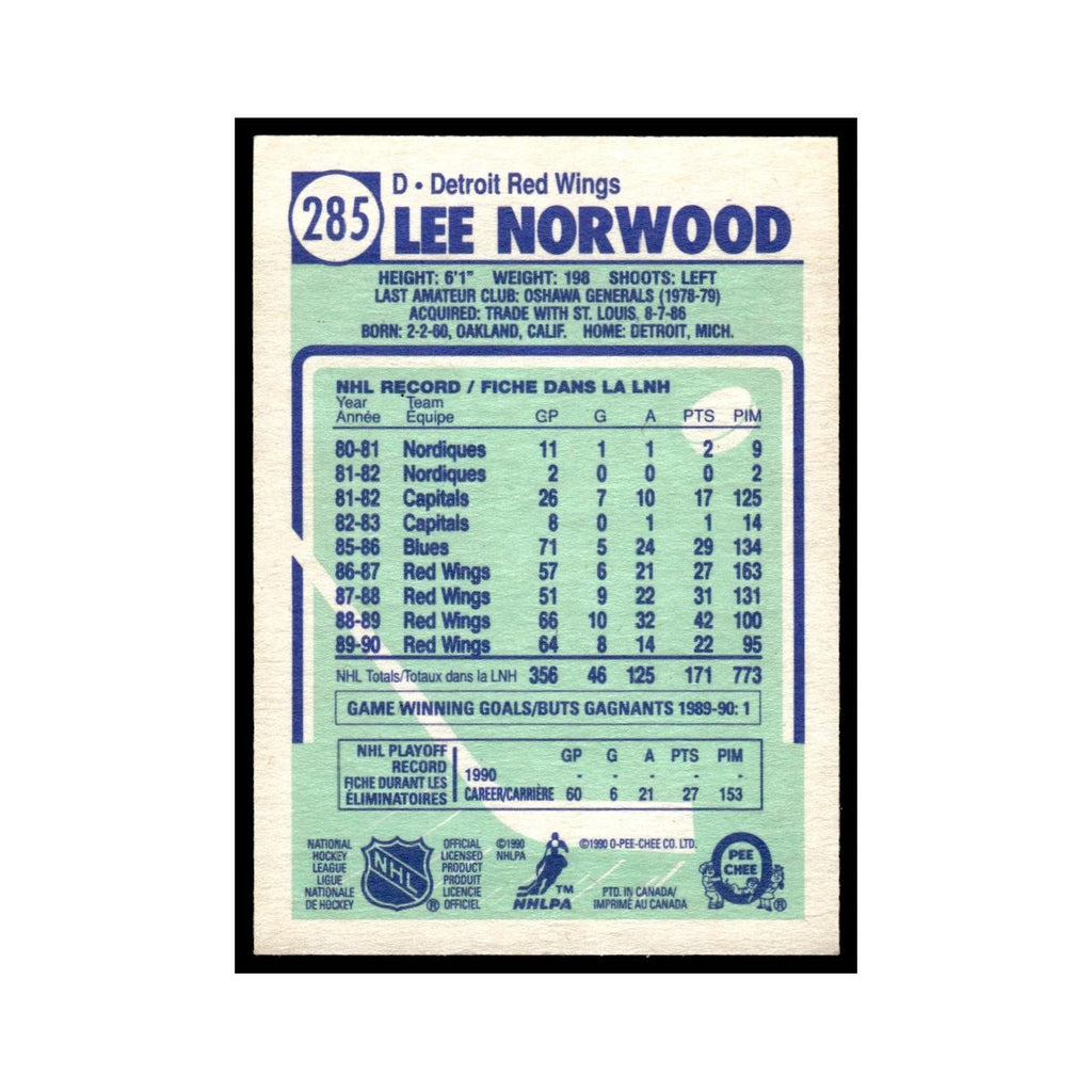 Lee Norwood 1990 O-Pee-Chee #285 Detroit Red Wings Hockey Card EX