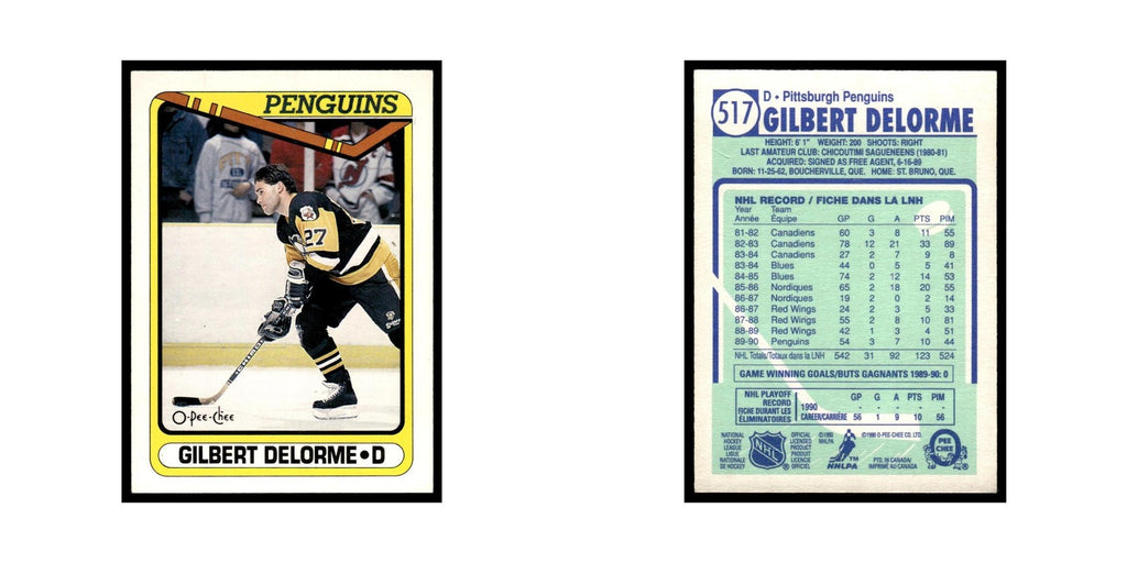 Gilbert Delorme 1990 O-Pee-Chee #517 Pittsburgh Penguins Hockey Card EX