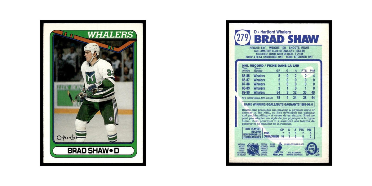 Brad Shaw Rookie 1990 O-Pee-Chee #279 Hartford Whalers Hockey Card EX